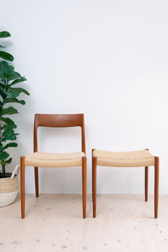 Model 77 Chair and Stool by Niels Otto Møller. Produced by J L Møllers Møbelfabrik A/S in Denmark, 1960s. Available at heyday möbel, Grubenstrasse 19, 8045 Zürich.