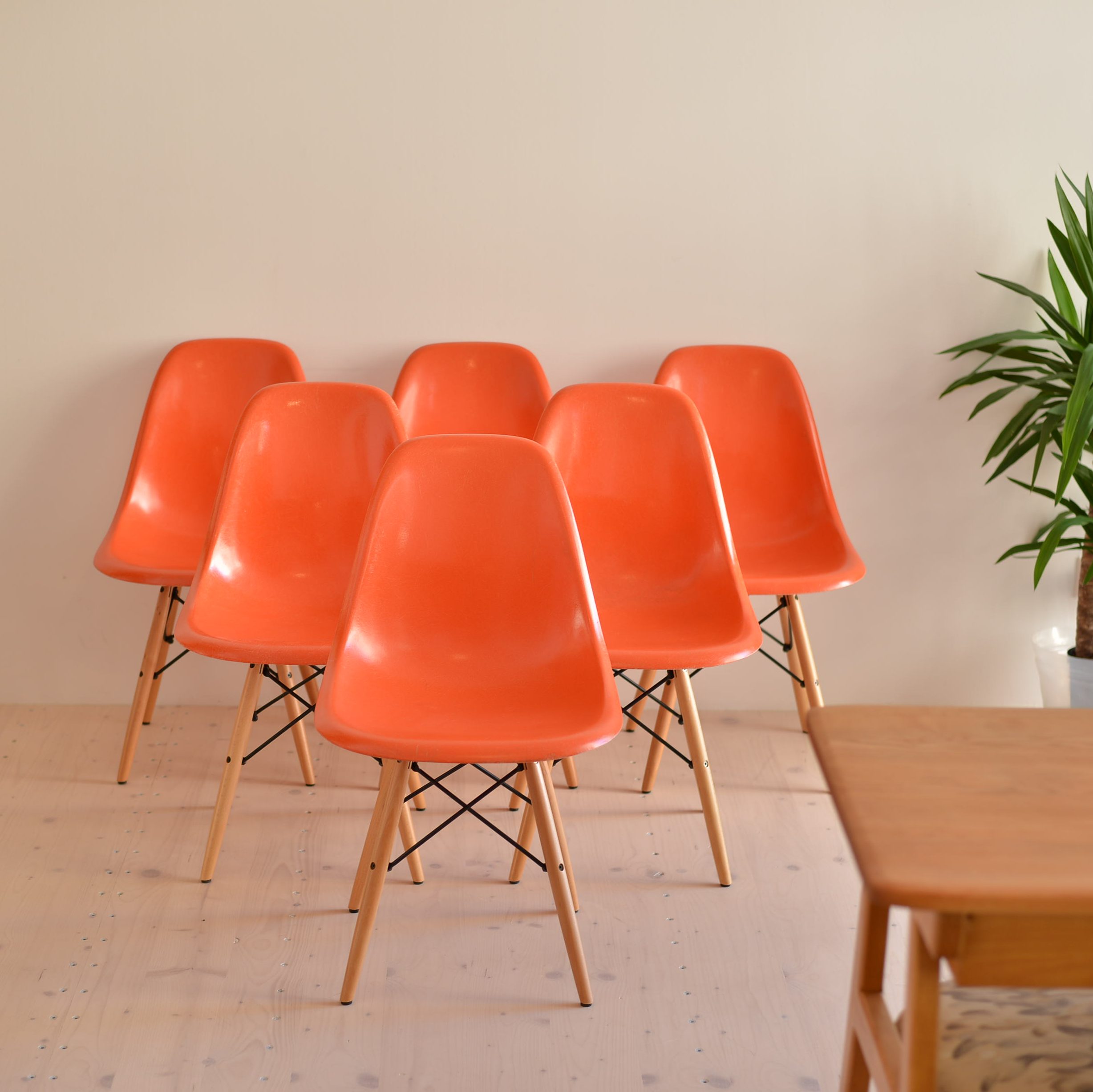 Orange Eames Side Chair with Dowel Base - Set of Six