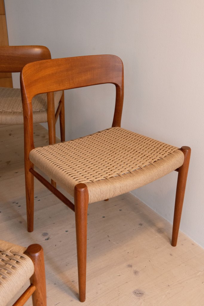 Teak and Papercord Dining Chair Set by Niels O. Moller for JL Mollers Mobelfabrik. Produced in Denmark, 1954.
