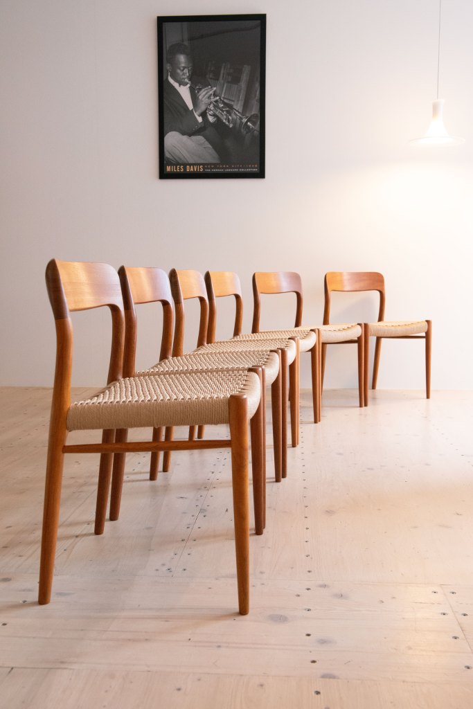 Teak and Papercord Dining Chair Set by Niels O. Moller for JL Mollers Mobelfabrik. Produced in Denmark, 1954.