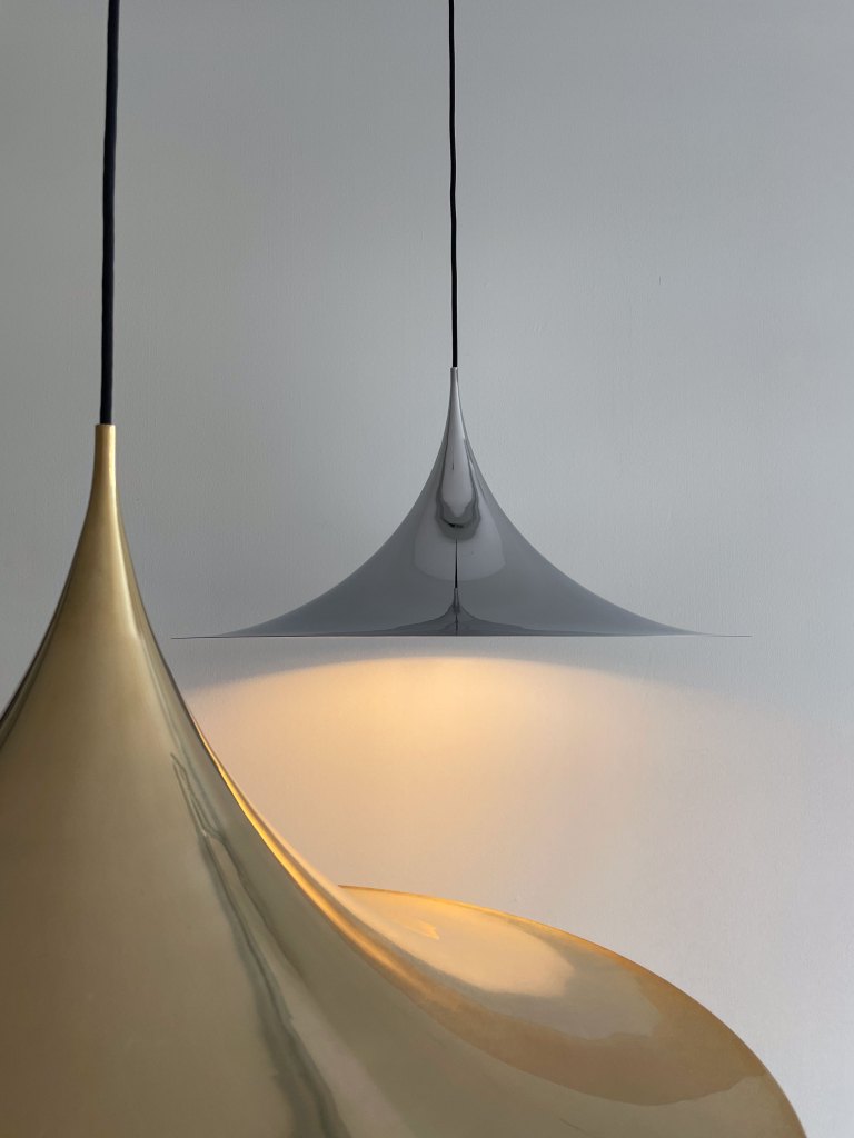 Fog & Morup Semi Pendant Lamps in Brass and Chrome. Available at heyday möbel Zürich.