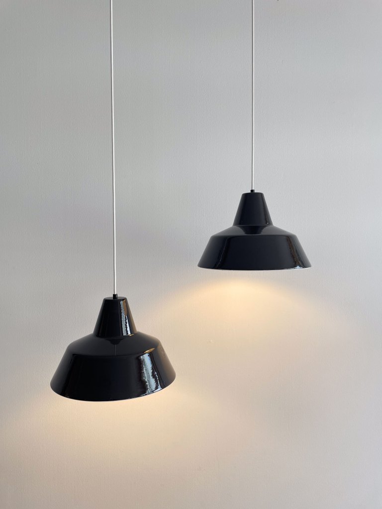 Louis Poulsen Enamel Lamps x 2 in Black. Produced in Denmark in the 1960s.