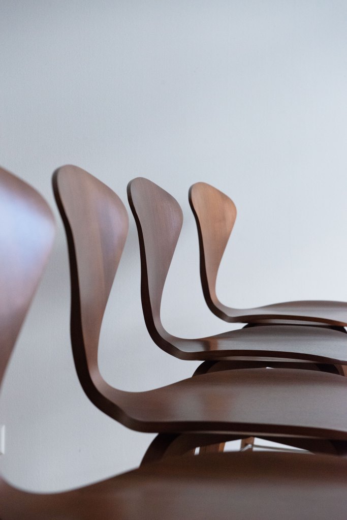 Norman Cherner Bar Stools in Walnut. Bent plywood, designed in the USA, 1958.