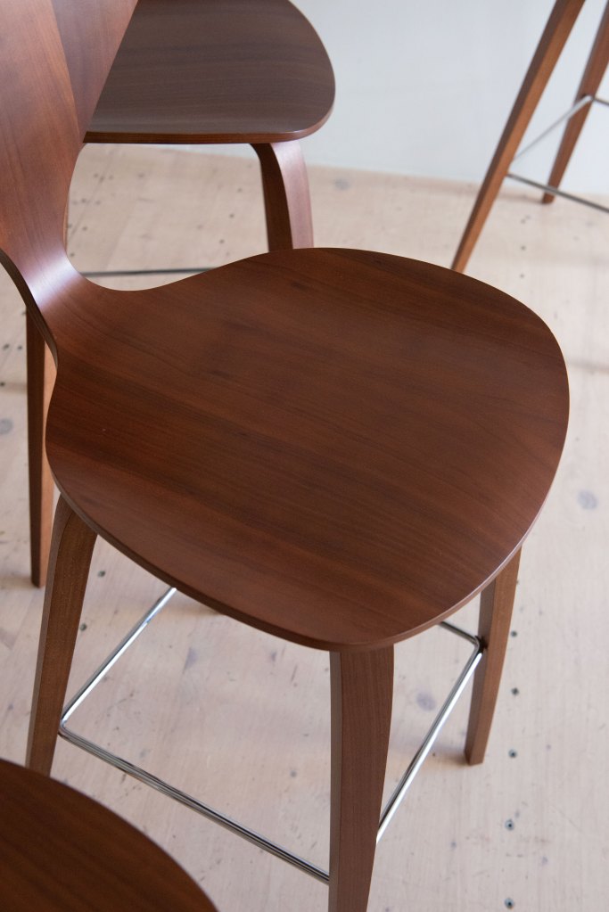 Norman Cherner Bar Stools in Walnut. Bent plywood, designed in the USA, 1958.