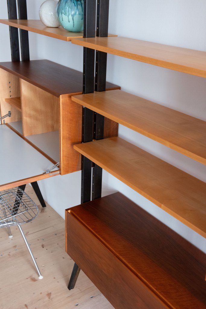Swiss Maple & Walnut Freestanding Wall Unit. Available at heyday möbel, Grubenstrasse 19, 8045 Zürich, Switzerland.