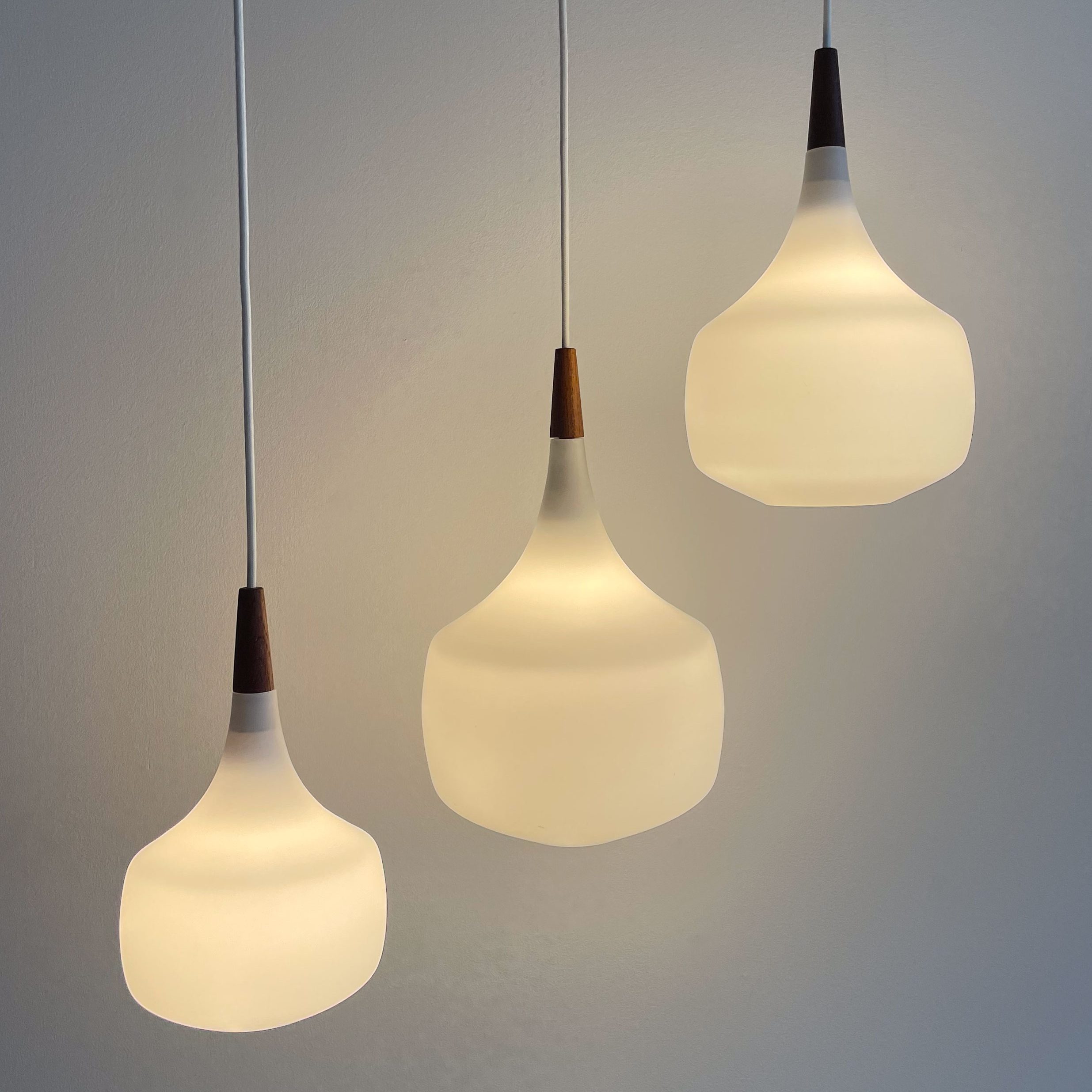 White Opaline and Teak Pendant Lamps by Holmegaard