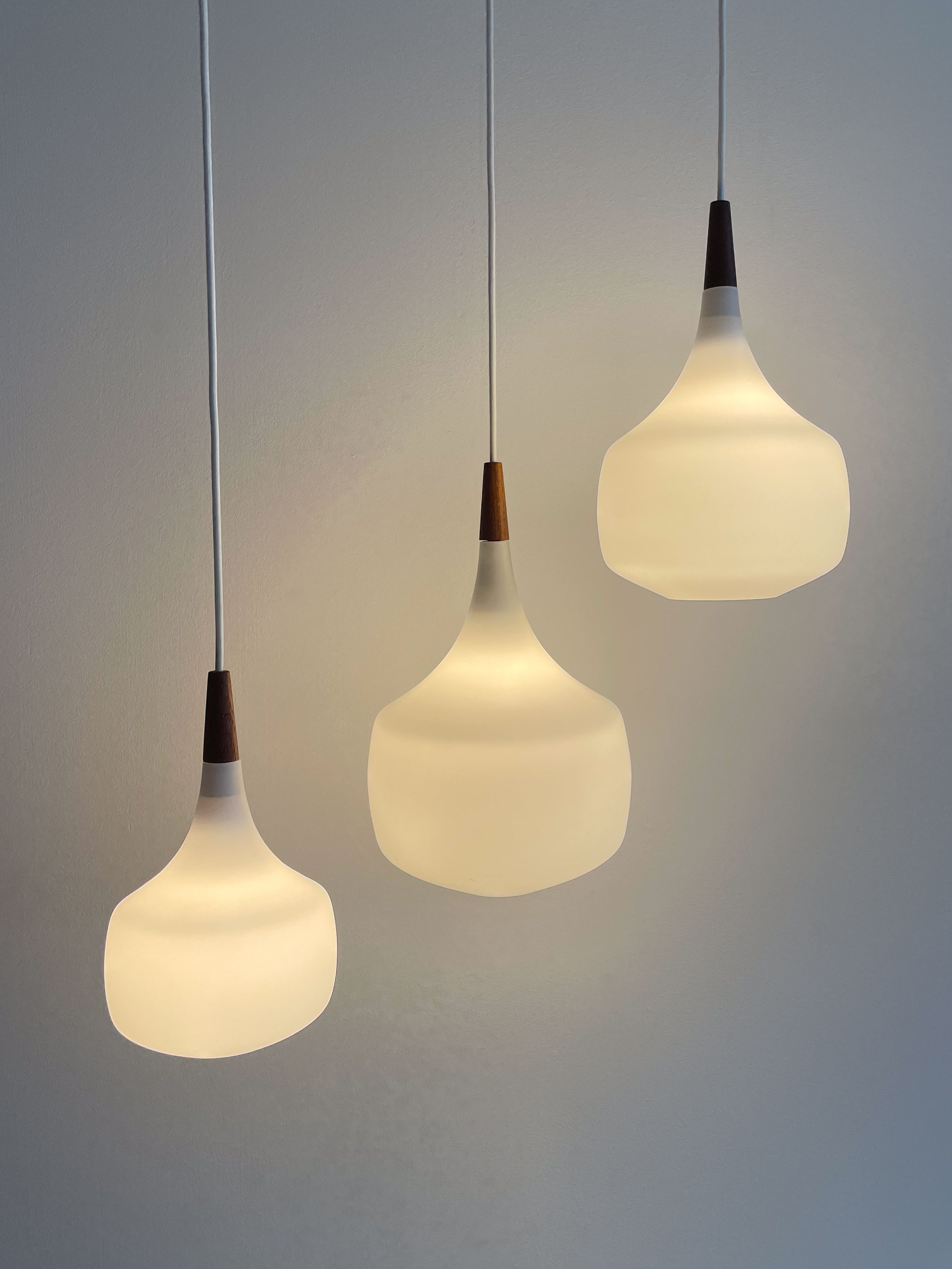 White Opaline and Teak Pendant Lamps by Holmegaard