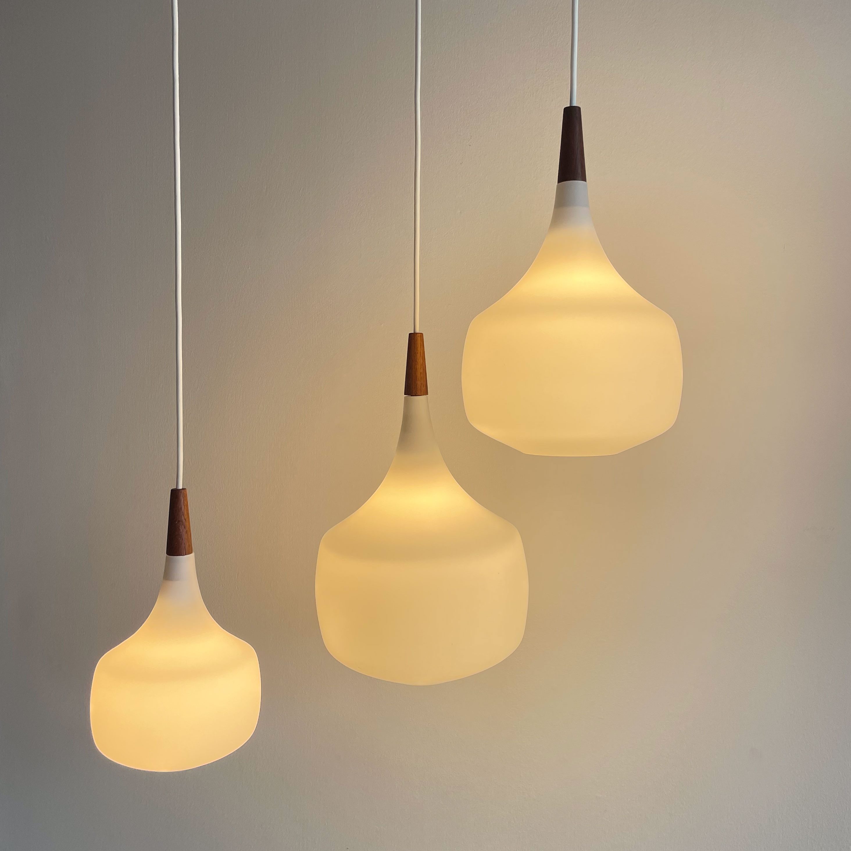 White Opaline and Teak Pendant Lamps by Holmegaard