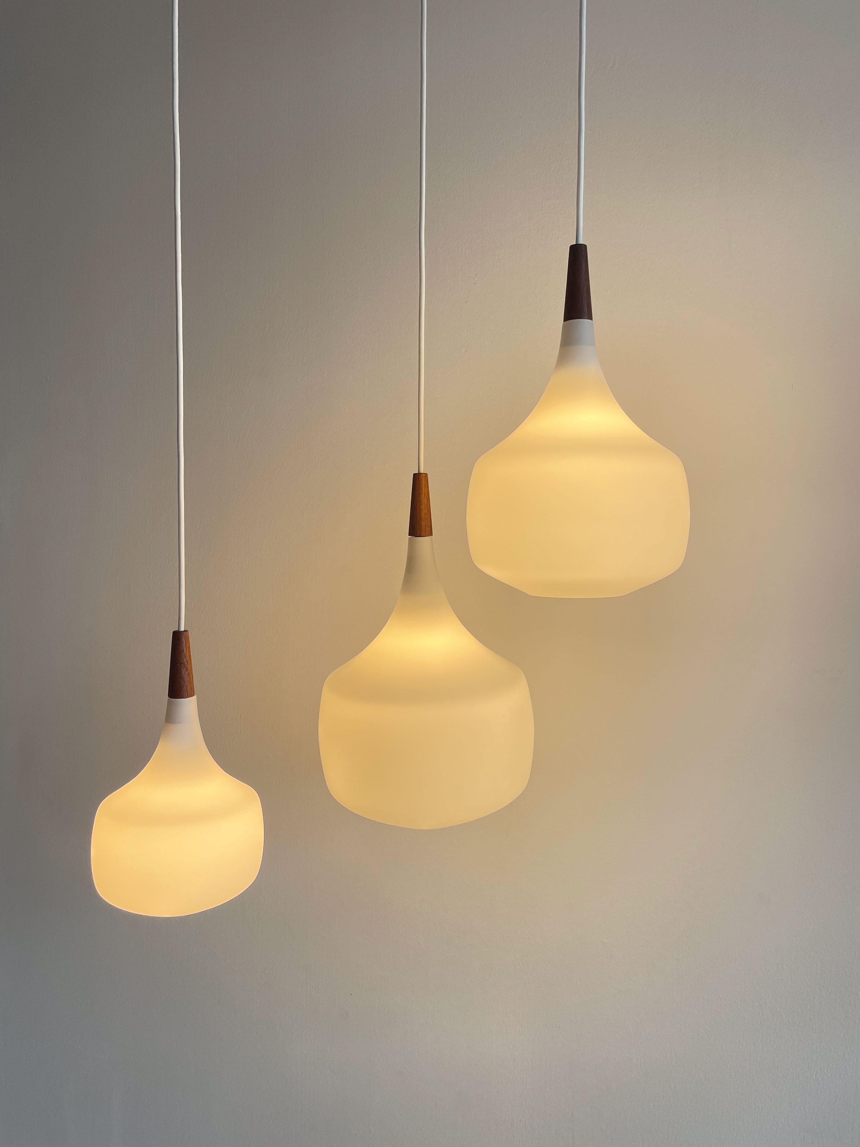 White Opaline and Teak Pendant Lamps by Holmegaard