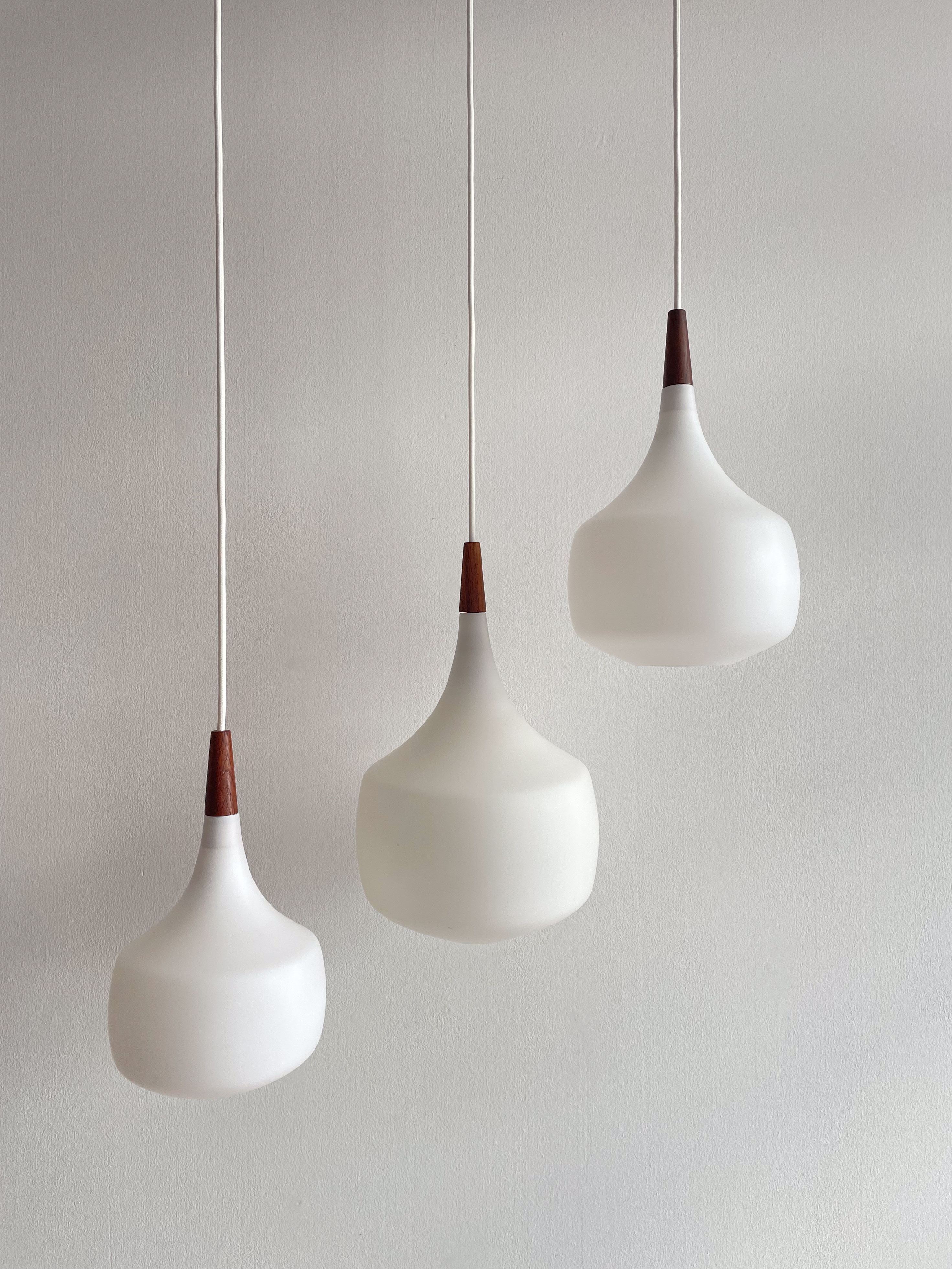 White Opaline and Teak Pendant Lamps by Holmegaard
