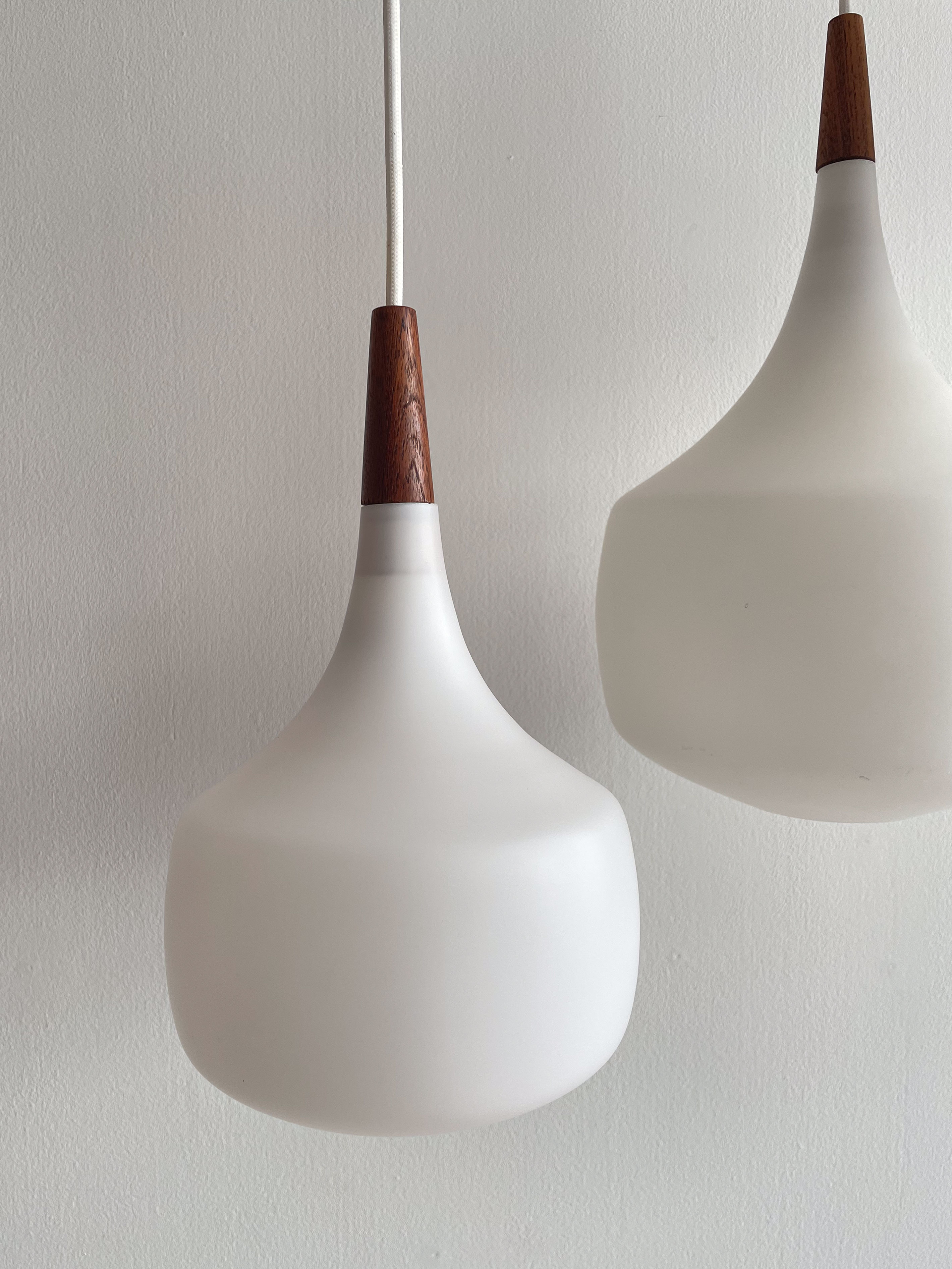 White Opaline and Teak Pendant Lamps by Holmegaard