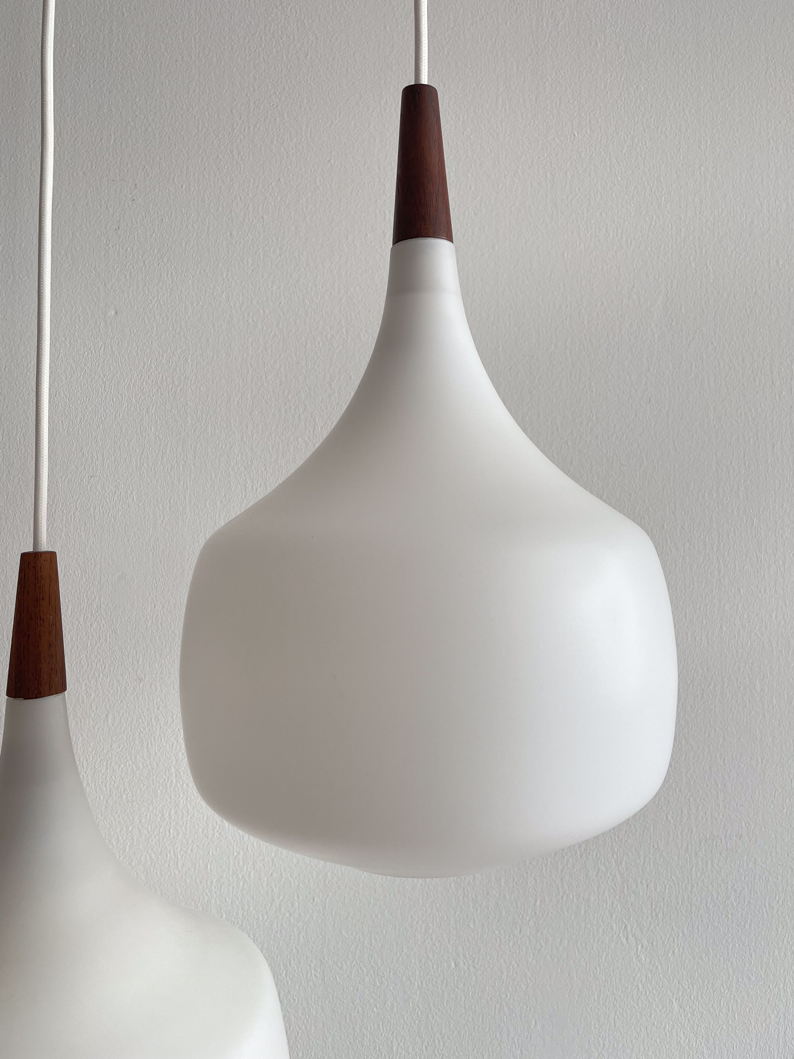 White Opaline and Teak Pendant Lamps by Holmegaard