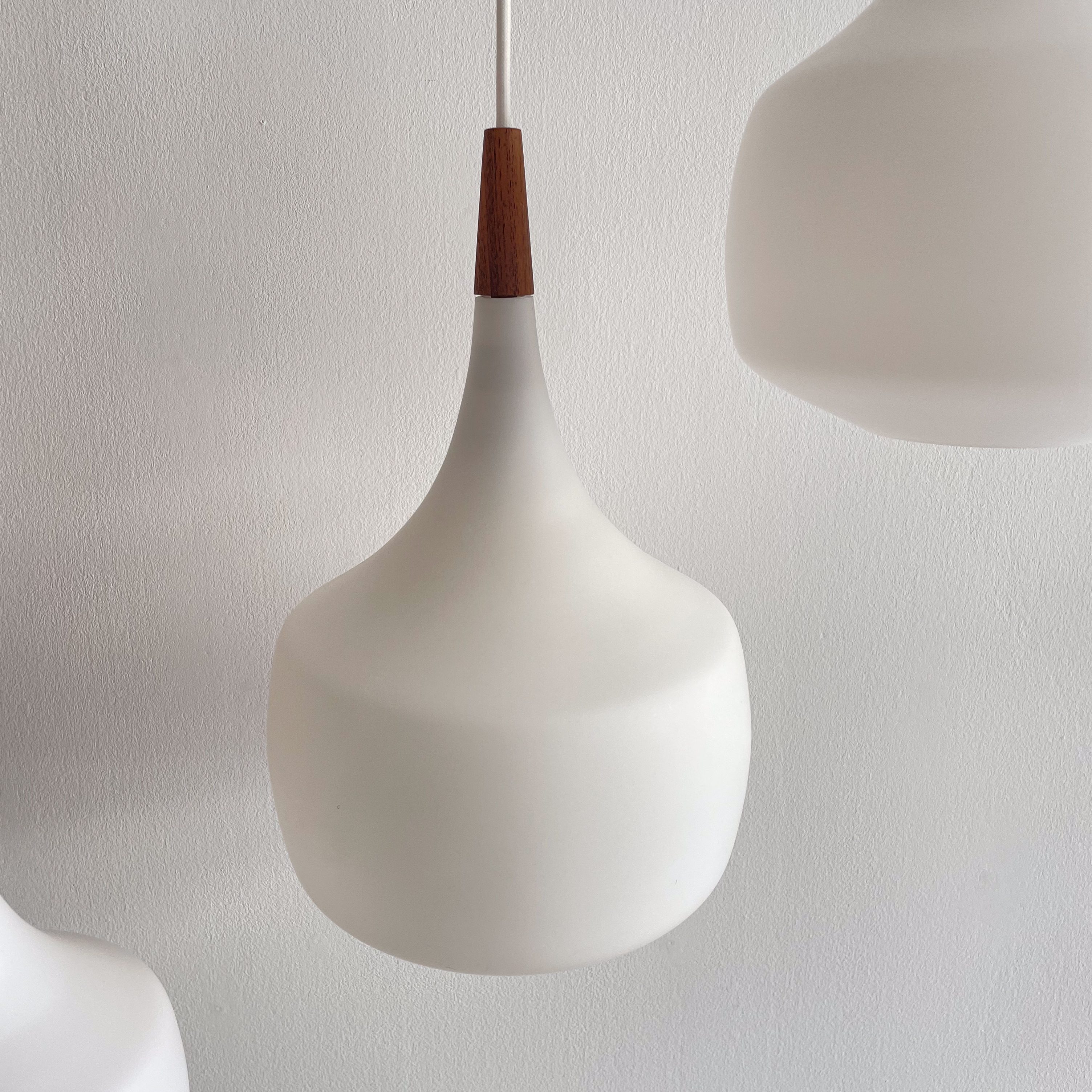 White Opaline and Teak Pendant Lamps by Holmegaard