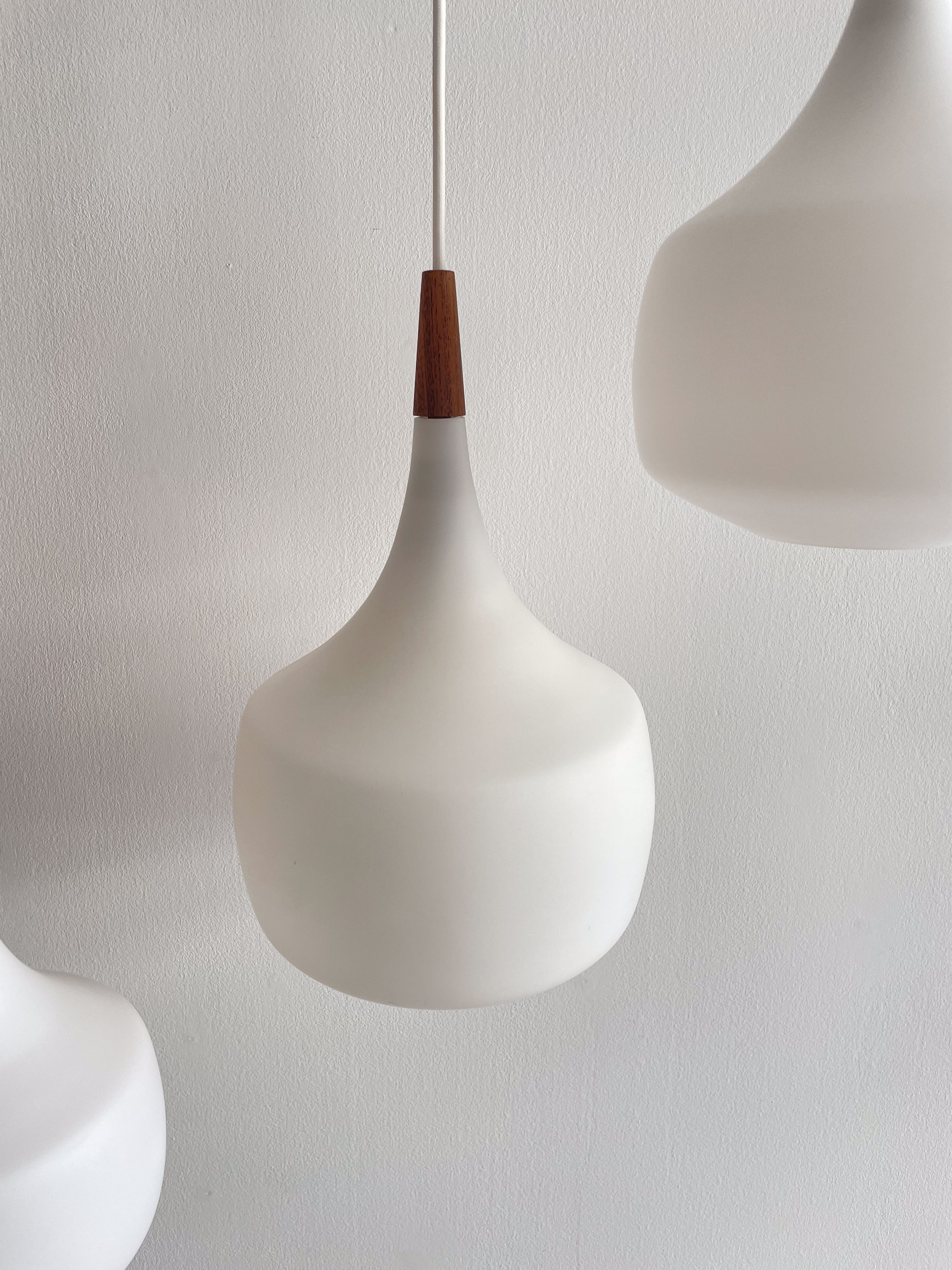 White Opaline and Teak Pendant Lamps by Holmegaard