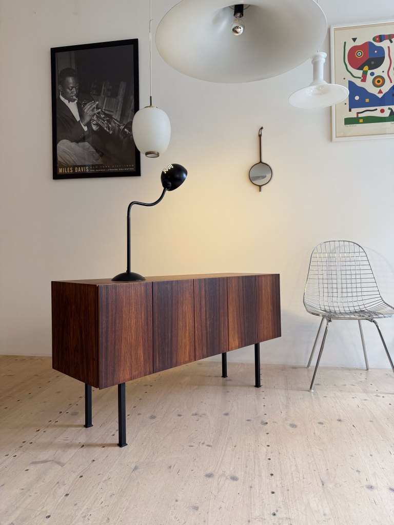 Swiss Minimal Rosewood Sideboard available at heyday möbel. Small format, ideal for a hallway or as a muti-media/tv stand. 
