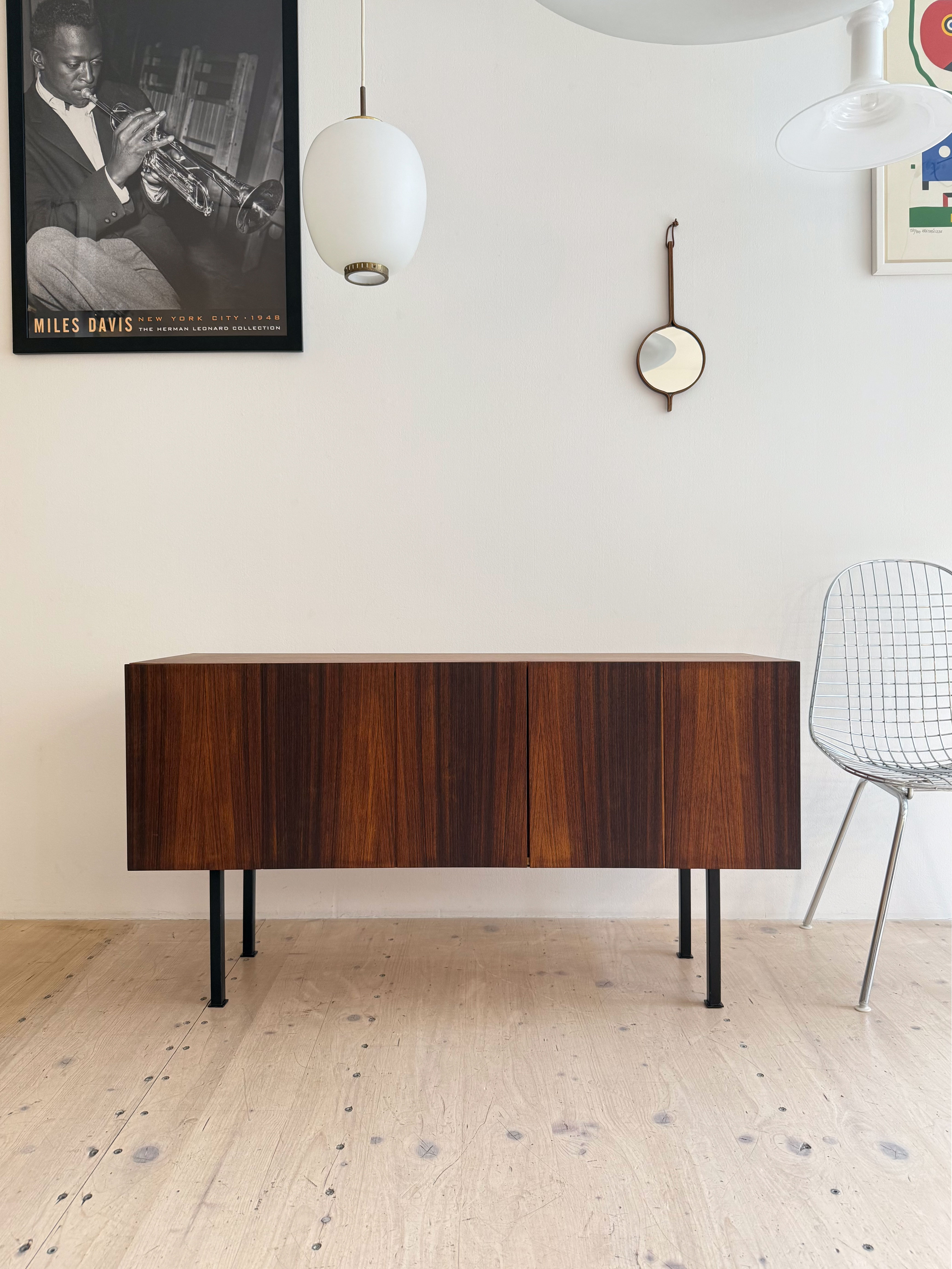 Swiss Minimal Rosewood Sideboard available at heyday möbel. Small format, ideal for a hallway or as a muti-media/tv stand.