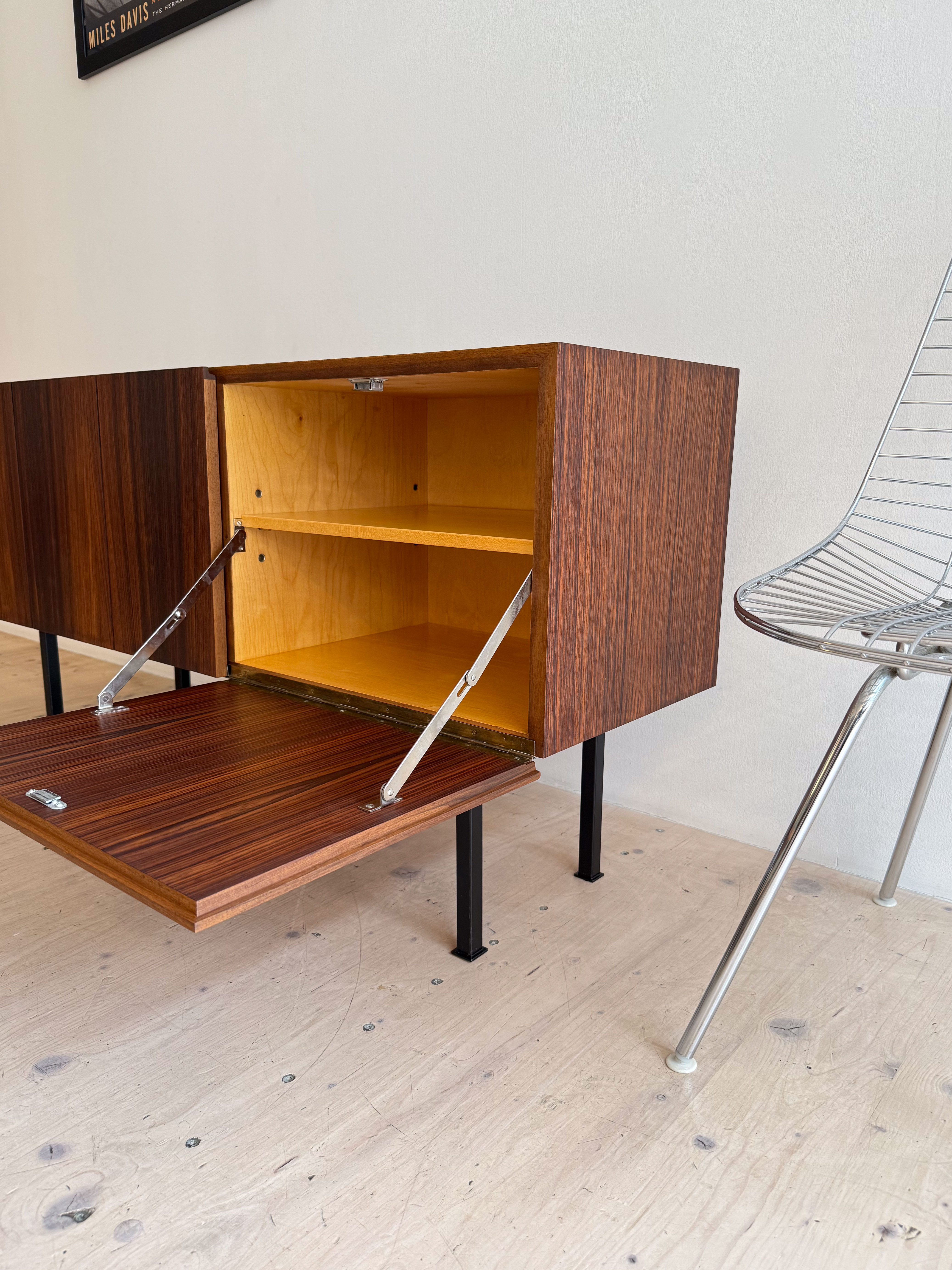 Swiss Minimal Rosewood Sideboard available at heyday möbel. Small format, ideal for a hallway or as a muti-media/tv stand.
