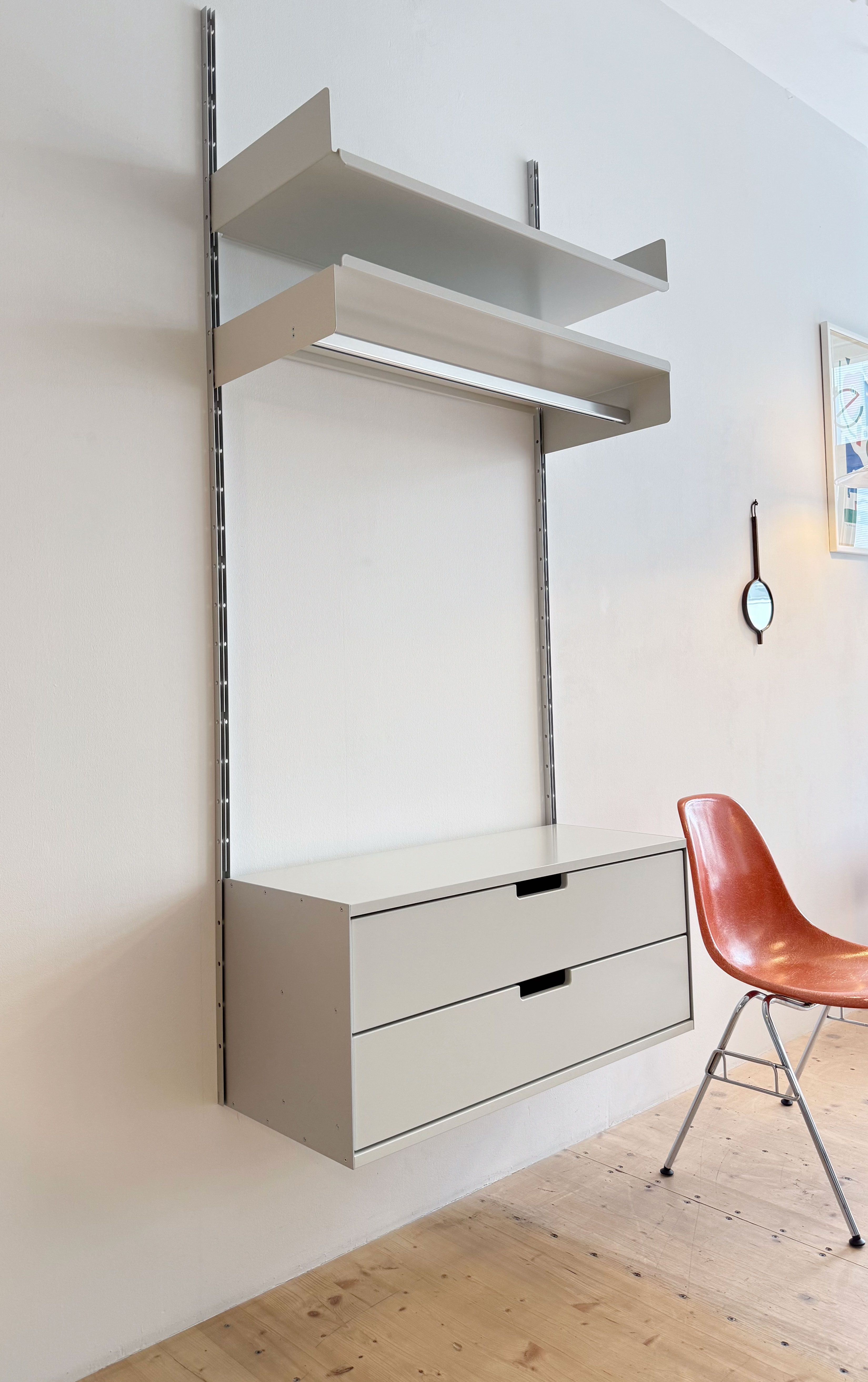 Vitsoe Hanging Storage Unit with Clothing Rack and Two Drawers.