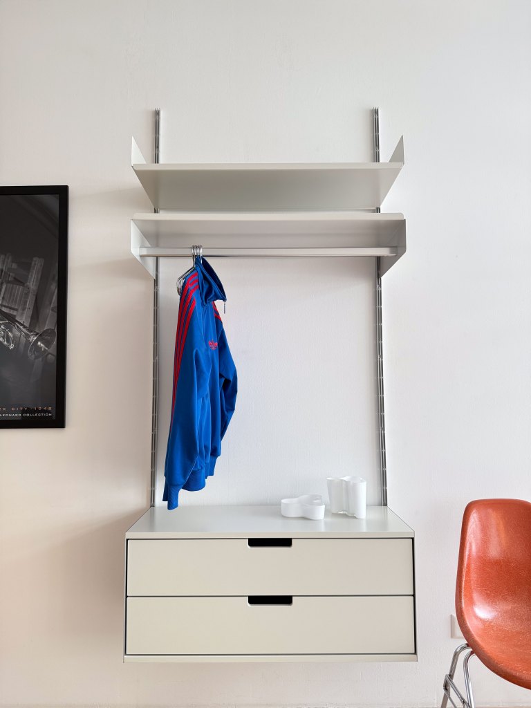 Vitsoe Hanging Storage Unit with Clothing Rack and Two Drawers.