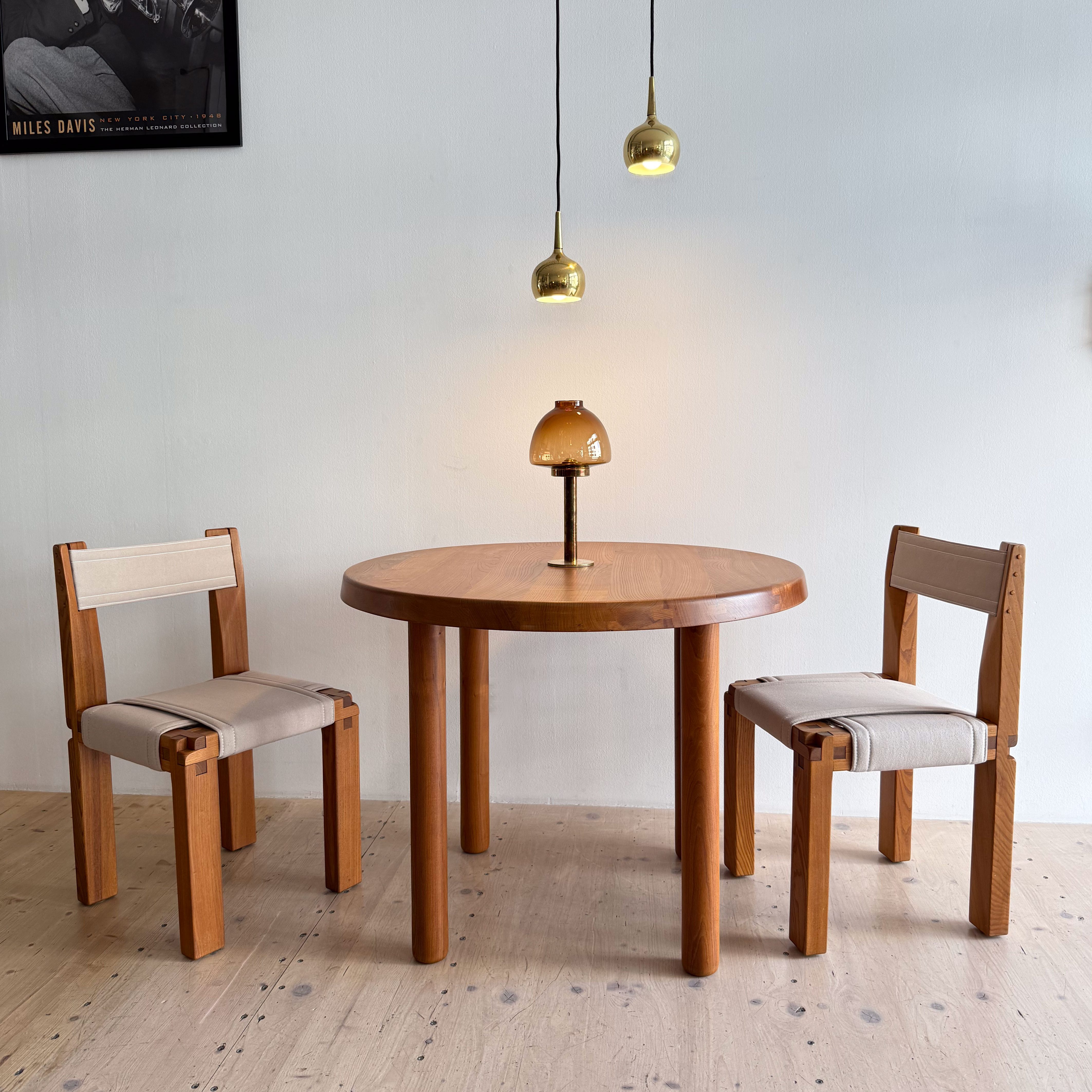 Pierrre Chapo Vintage Ensemble in Elm Wood: Pierre Chapo Dining Table TO2 France 1963 and Pierre Chapo Dining Chairs S11 in Elm and Canvas France 1966