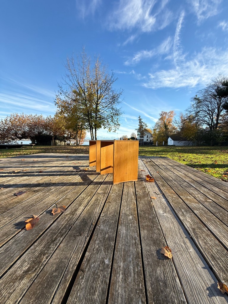 A wooden bench on a deck surrounded by grass and trees, under a clear blue sky with wispy clouds.